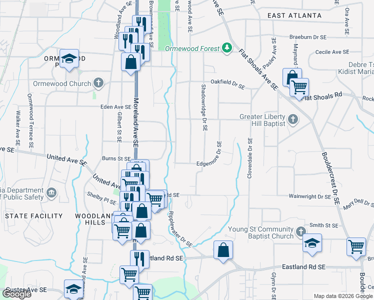 map of restaurants, bars, coffee shops, grocery stores, and more near 951 Stokeswood Avenue Southeast in Atlanta