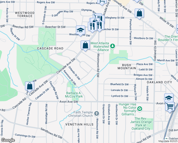 map of restaurants, bars, coffee shops, grocery stores, and more near 1565 Ocala Avenue Southwest in Atlanta
