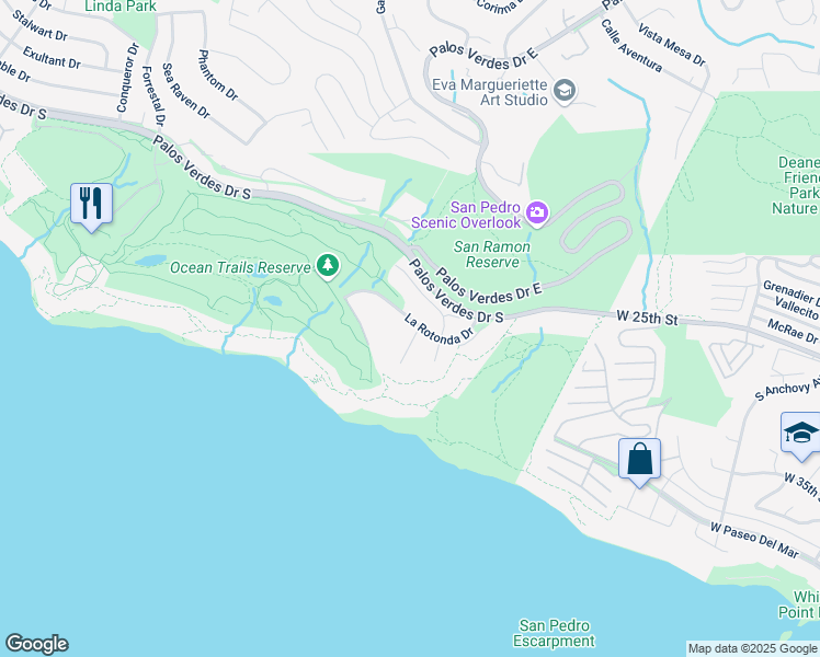 map of restaurants, bars, coffee shops, grocery stores, and more near 32009 Cape Point Drive in Rancho Palos Verdes
