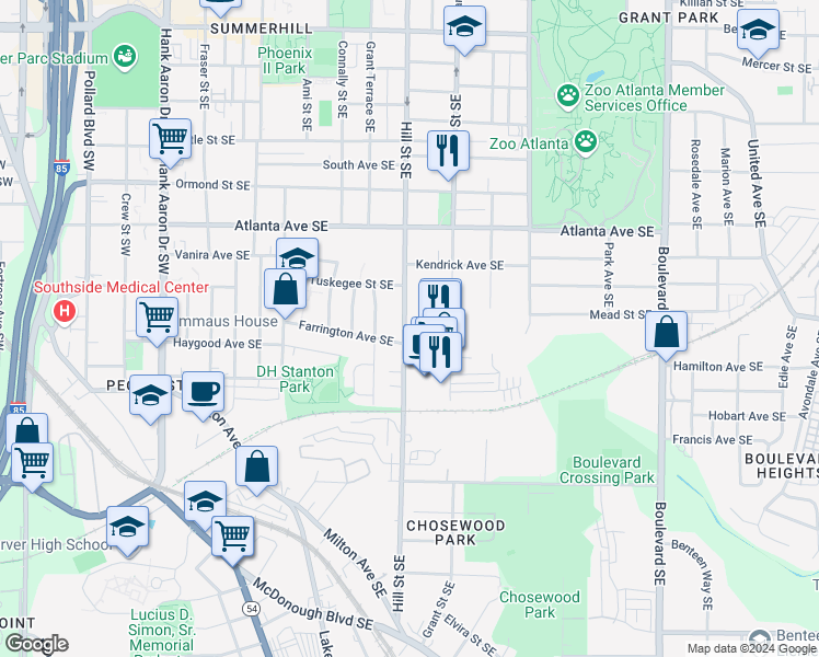 map of restaurants, bars, coffee shops, grocery stores, and more near 1006 Hill Street Southeast in Atlanta