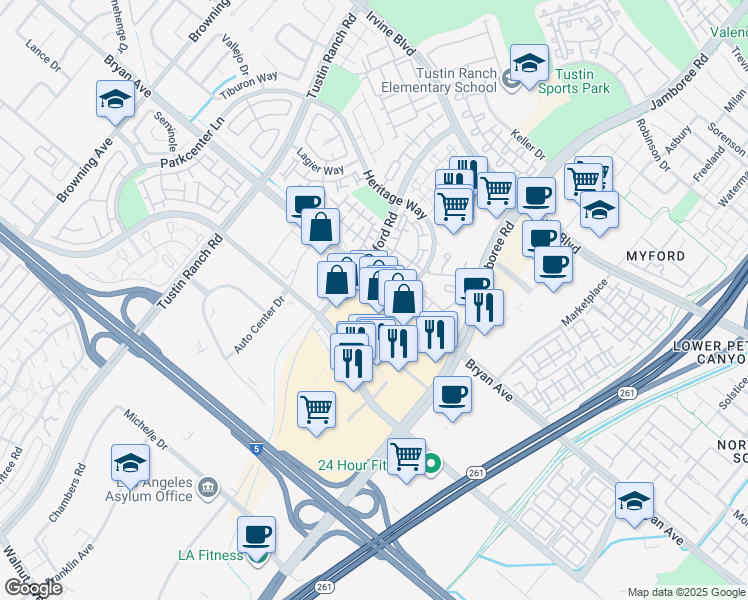 map of restaurants, bars, coffee shops, grocery stores, and more near 2777 Bryan Avenue in Tustin