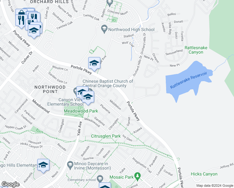 map of restaurants, bars, coffee shops, grocery stores, and more near 11 Lynnfield in Irvine