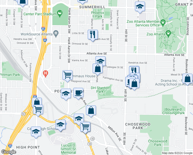 map of restaurants, bars, coffee shops, grocery stores, and more near 1005 Martin Street Southeast in Atlanta