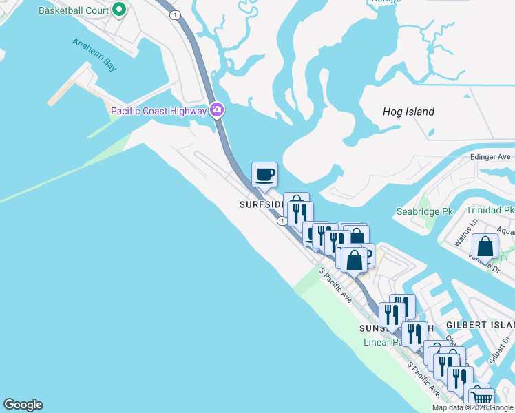 map of restaurants, bars, coffee shops, grocery stores, and more near Surfside Avenue in Seal Beach