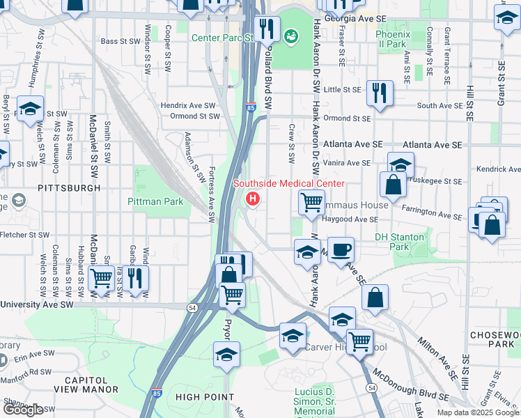 map of restaurants, bars, coffee shops, grocery stores, and more near 1015 Washington Street Southwest in Atlanta