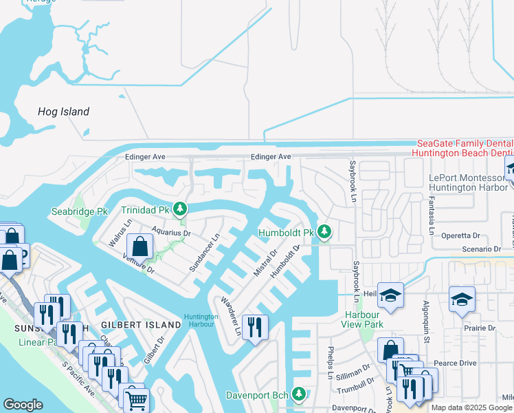 map of restaurants, bars, coffee shops, grocery stores, and more near 16184 Bimini Lane in Huntington Beach