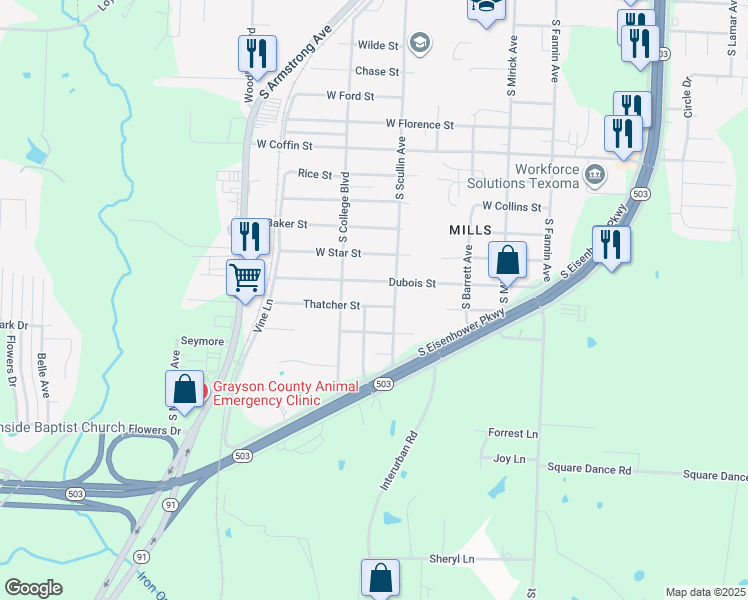 map of restaurants, bars, coffee shops, grocery stores, and more near 907 Thatcher Street in Denison