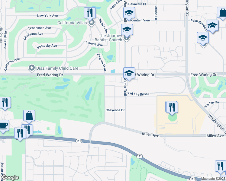 map of restaurants, bars, coffee shops, grocery stores, and more near 77379 Arapahoe Vista in Indian Wells