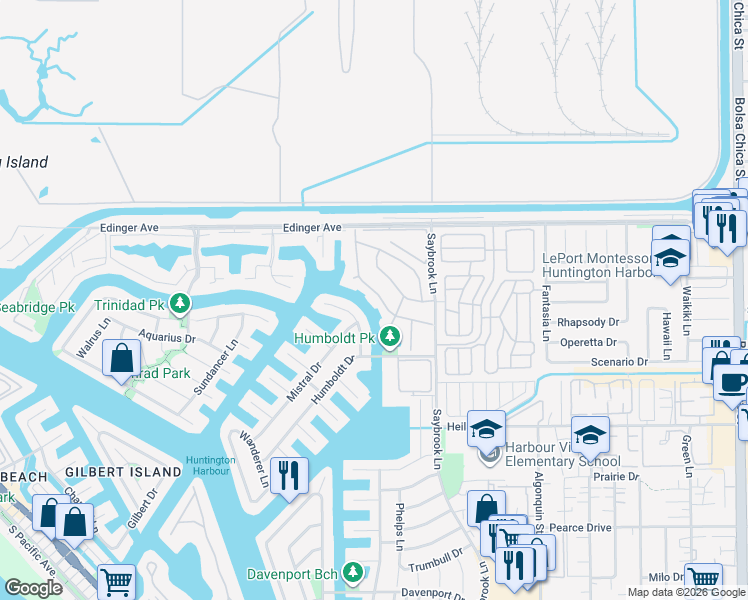 map of restaurants, bars, coffee shops, grocery stores, and more near 16181 Santa Barbara Lane in Huntington Beach