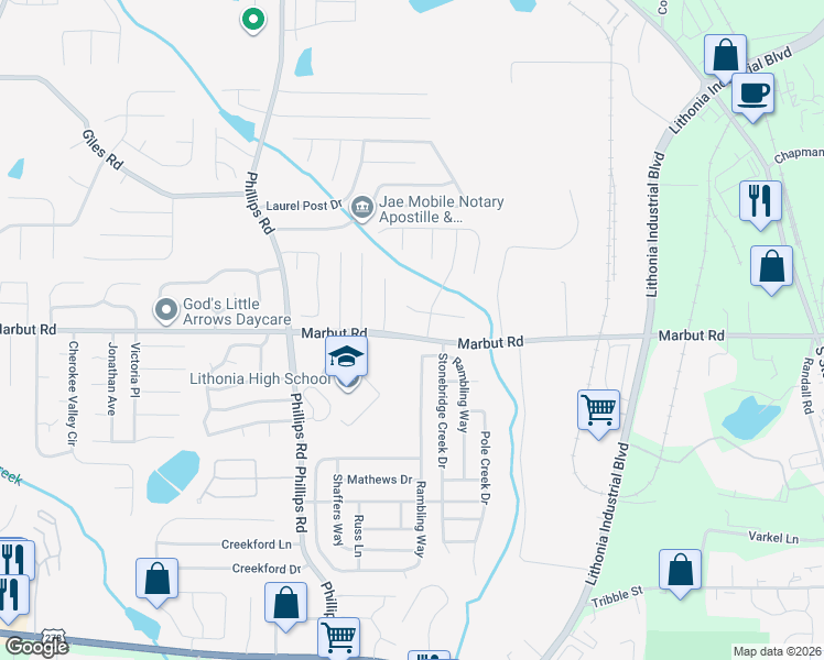 map of restaurants, bars, coffee shops, grocery stores, and more near 6422 Marbut Road in Lithonia
