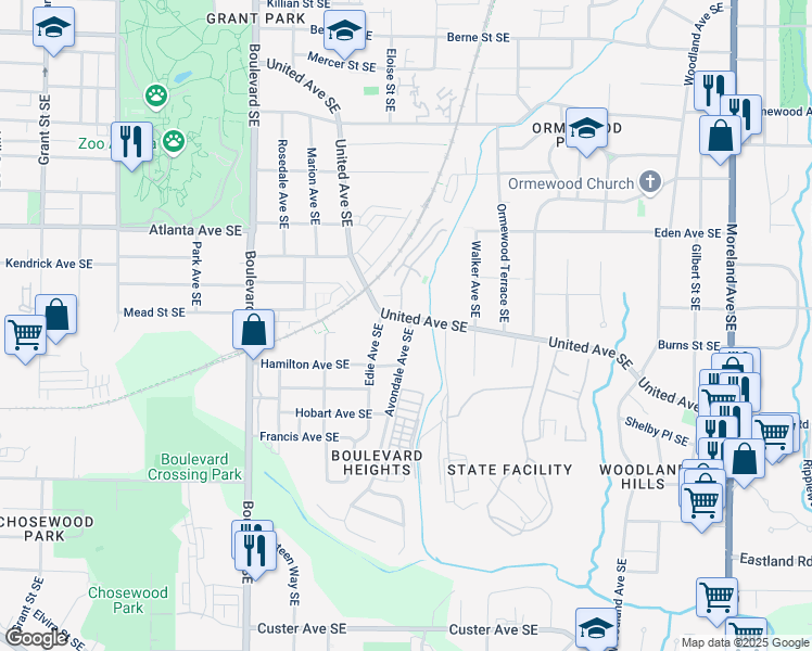 map of restaurants, bars, coffee shops, grocery stores, and more near 873 United Avenue Southeast in Atlanta