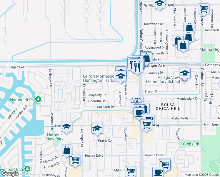map of restaurants, bars, coffee shops, grocery stores, and more near 4761 Kaui Drive in Huntington Beach