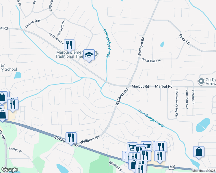 map of restaurants, bars, coffee shops, grocery stores, and more near 5850 Marbut Road in Lithonia