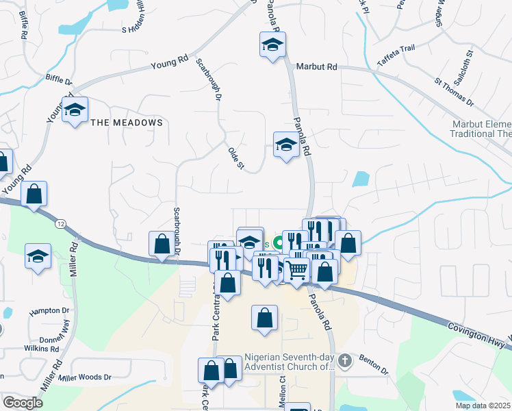 map of restaurants, bars, coffee shops, grocery stores, and more near 5354 Brooklands Drive in Lithonia
