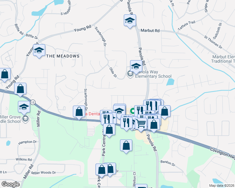 map of restaurants, bars, coffee shops, grocery stores, and more near 5350 Kinsdale Lane in Stone Mountain