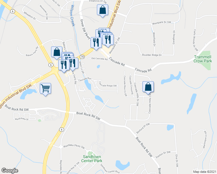 map of restaurants, bars, coffee shops, grocery stores, and more near 5449 Cascade Run in Atlanta