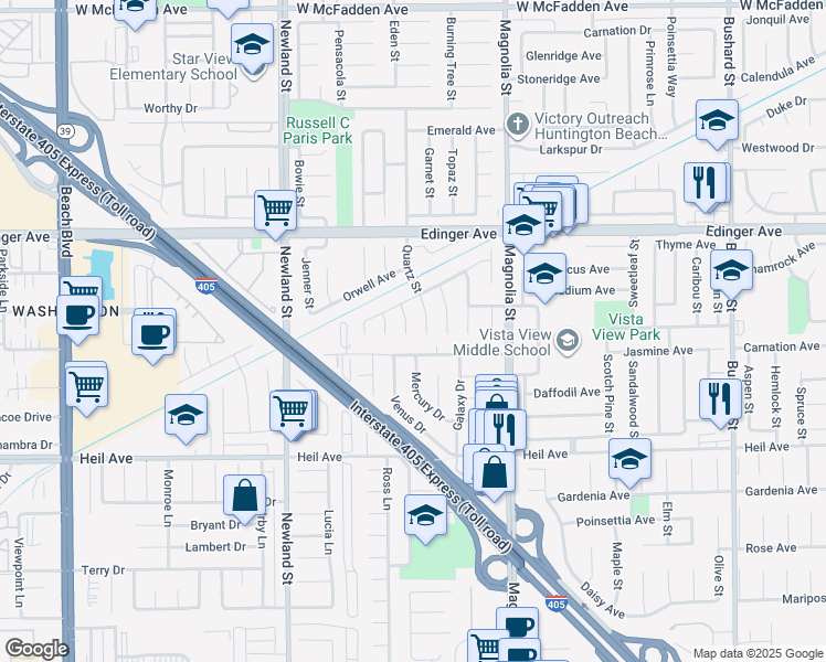map of restaurants, bars, coffee shops, grocery stores, and more near 16182 Quartz Street in Westminster
