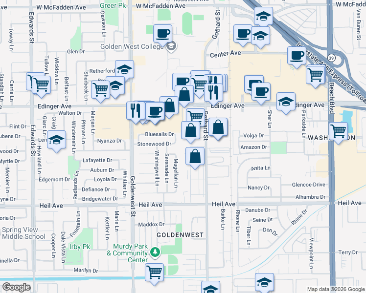 map of restaurants, bars, coffee shops, grocery stores, and more near 7279 Murdy Circle in Huntington Beach