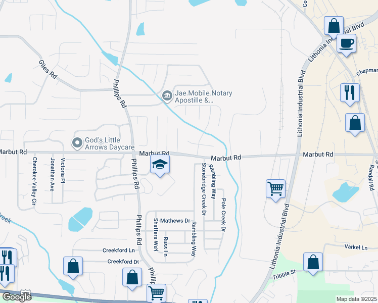 map of restaurants, bars, coffee shops, grocery stores, and more near 6420 Marbut Road in Lithonia