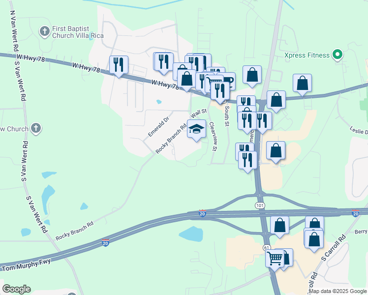 map of restaurants, bars, coffee shops, grocery stores, and more near 600 Rocky Branch Road in Villa Rica