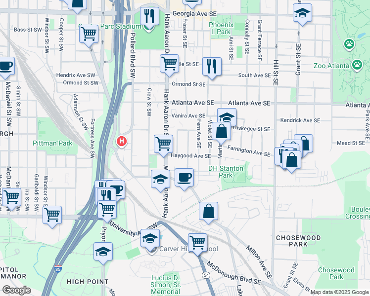 map of restaurants, bars, coffee shops, grocery stores, and more near 995 Dunning Street Southeast in Atlanta