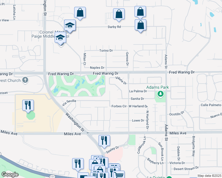 map of restaurants, bars, coffee shops, grocery stores, and more near 44260 Vía Coronado in La Quinta