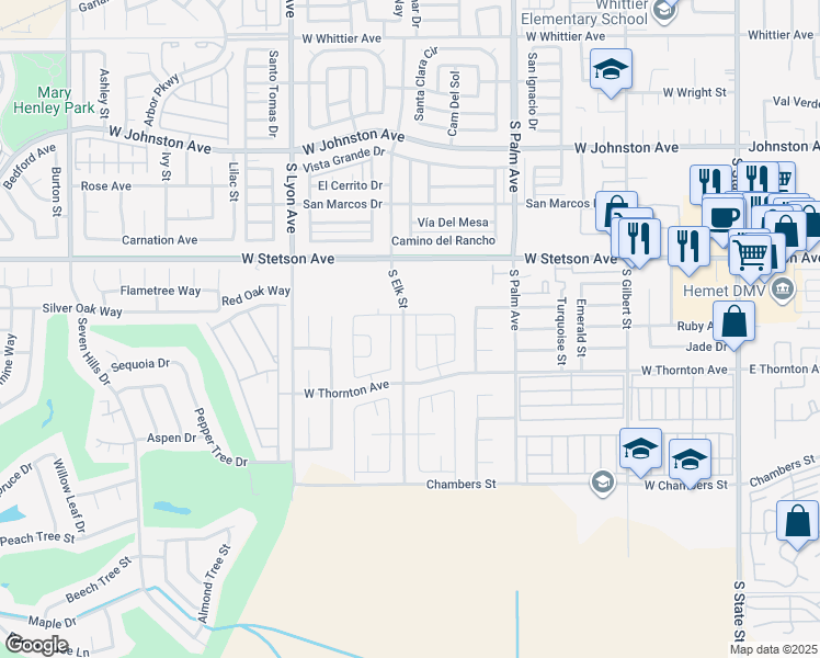 map of restaurants, bars, coffee shops, grocery stores, and more near 1227 Justice Place in Hemet