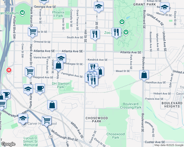 map of restaurants, bars, coffee shops, grocery stores, and more near 996 Hill Street Southeast in Atlanta