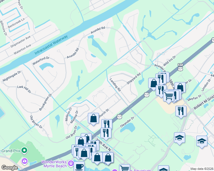 map of restaurants, bars, coffee shops, grocery stores, and more near 1625 North 33rd Avenue in Myrtle Beach
