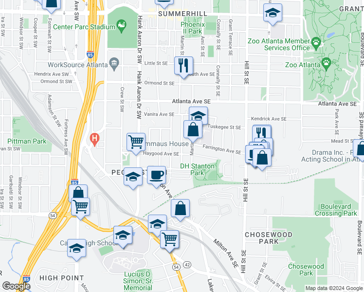 map of restaurants, bars, coffee shops, grocery stores, and more near 1006 Violet Avenue Southeast in Atlanta
