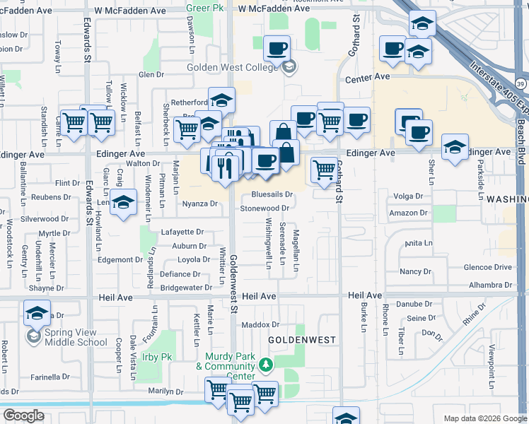 map of restaurants, bars, coffee shops, grocery stores, and more near 17081 Evergreen Circle in Huntington Beach