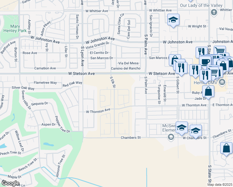 map of restaurants, bars, coffee shops, grocery stores, and more near 1227 Justice Place in Hemet