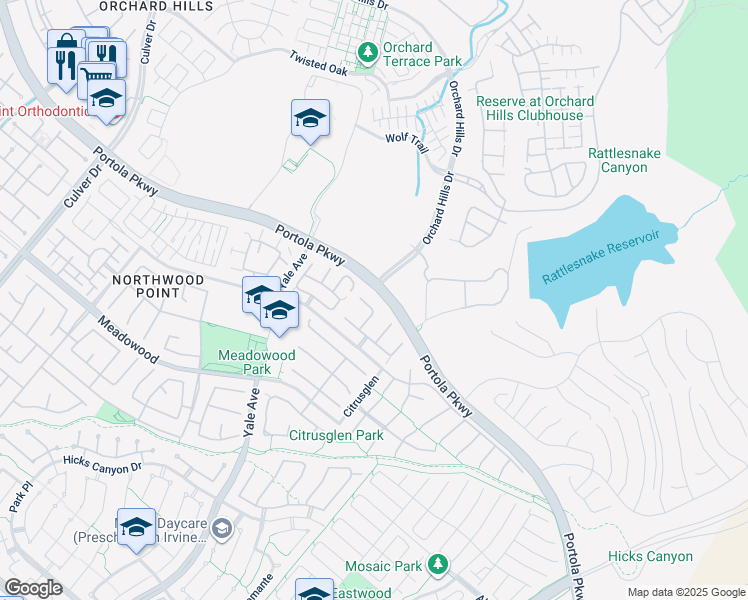 map of restaurants, bars, coffee shops, grocery stores, and more near 11 Lynnfield in Irvine