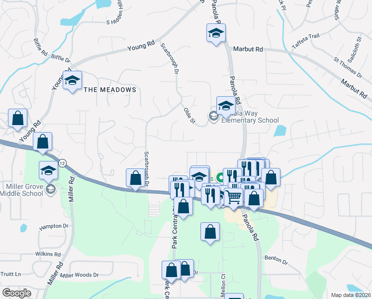 map of restaurants, bars, coffee shops, grocery stores, and more near 5308 Kinsdale Lane in Stone Mountain