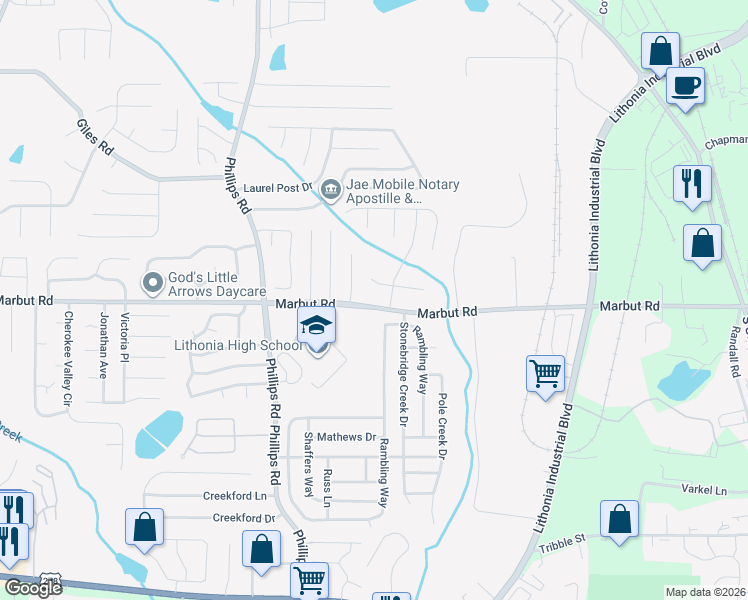 map of restaurants, bars, coffee shops, grocery stores, and more near 6419 Bedford Lane in Lithonia
