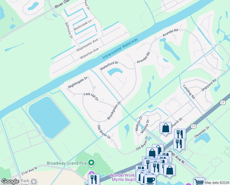 map of restaurants, bars, coffee shops, grocery stores, and more near 3848 Waterford Drive in Myrtle Beach