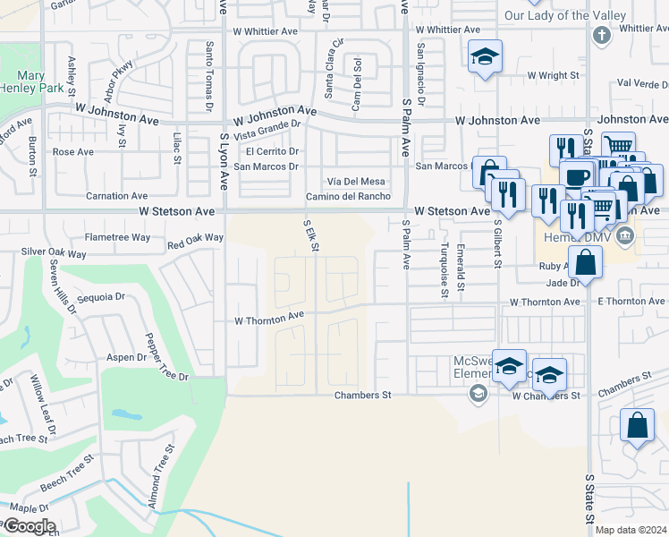 map of restaurants, bars, coffee shops, grocery stores, and more near 1266 Tribal Avenue in Hemet