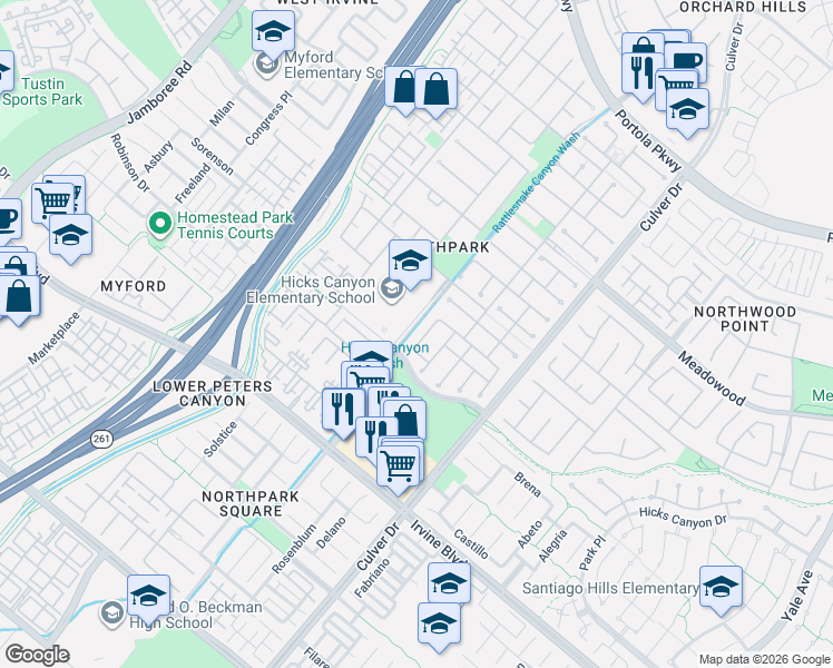 map of restaurants, bars, coffee shops, grocery stores, and more near 3817 Viewpark Avenue in Irvine