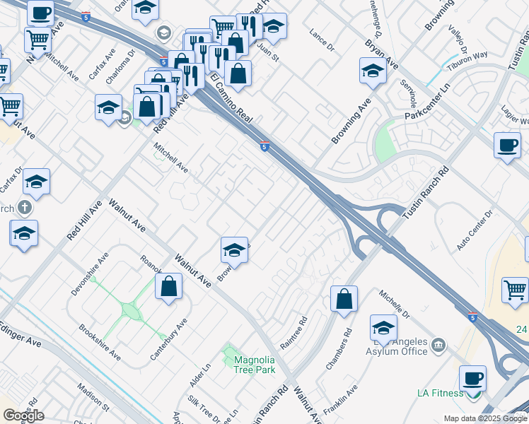 map of restaurants, bars, coffee shops, grocery stores, and more near 1951 Ren Circle in Tustin