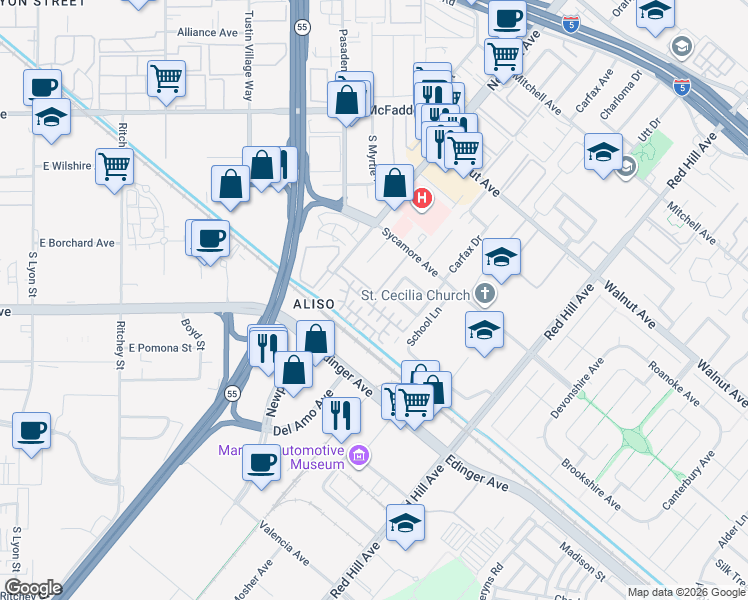 map of restaurants, bars, coffee shops, grocery stores, and more near 14820 Sampson Court in Tustin