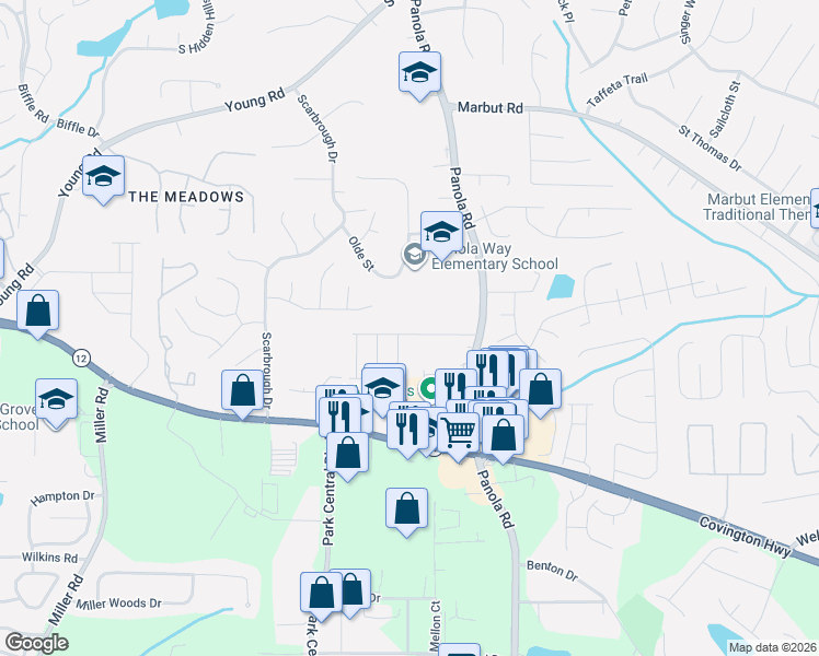 map of restaurants, bars, coffee shops, grocery stores, and more near 2147 Panola Road in Lithonia