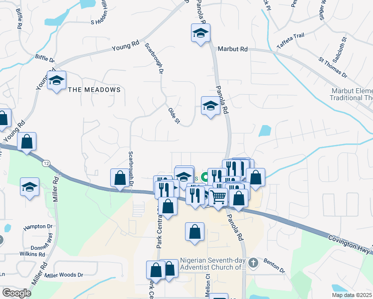 map of restaurants, bars, coffee shops, grocery stores, and more near 5354 Brooklands Drive in Lithonia
