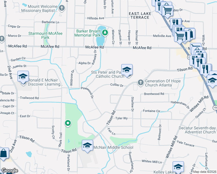 map of restaurants, bars, coffee shops, grocery stores, and more near 2324 Collier Drive in Decatur