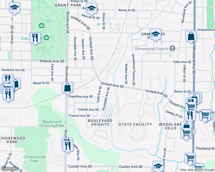 map of restaurants, bars, coffee shops, grocery stores, and more near 873 United Avenue Southeast in Atlanta