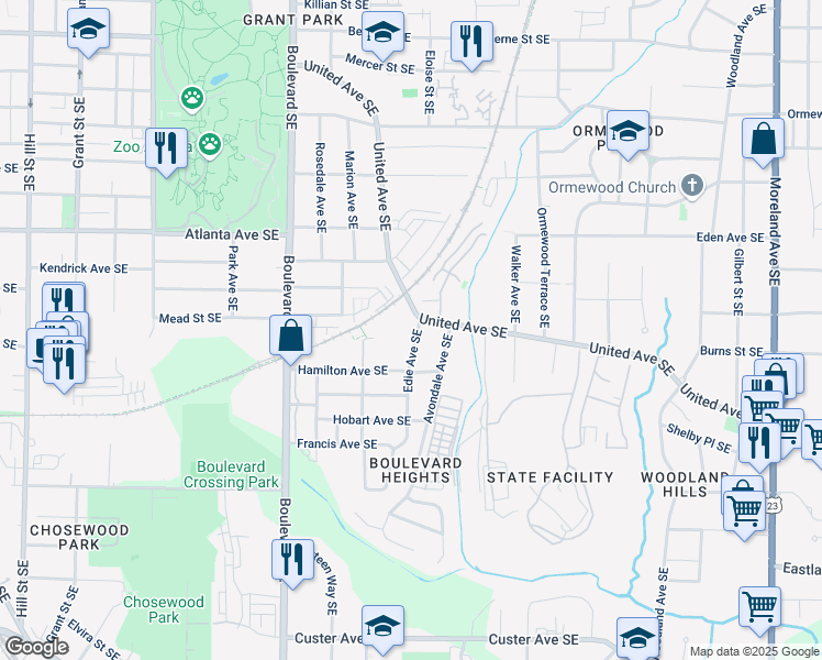 map of restaurants, bars, coffee shops, grocery stores, and more near 1003 Edie Avenue Southeast in Atlanta