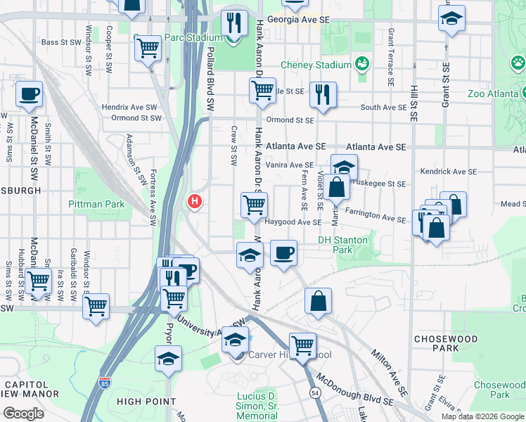 map of restaurants, bars, coffee shops, grocery stores, and more near 1006 Hank Aaron Drive Southeast in Atlanta