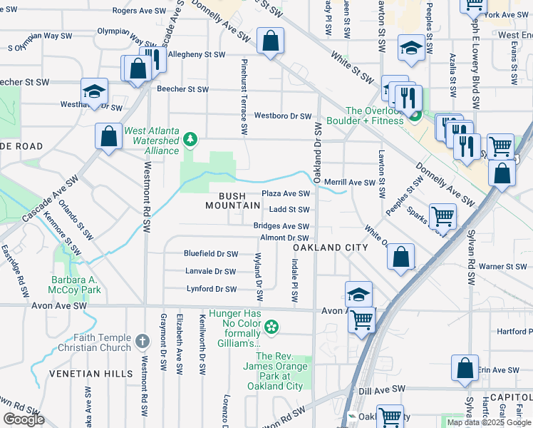 map of restaurants, bars, coffee shops, grocery stores, and more near 1302 Ladd Street Southwest in Atlanta