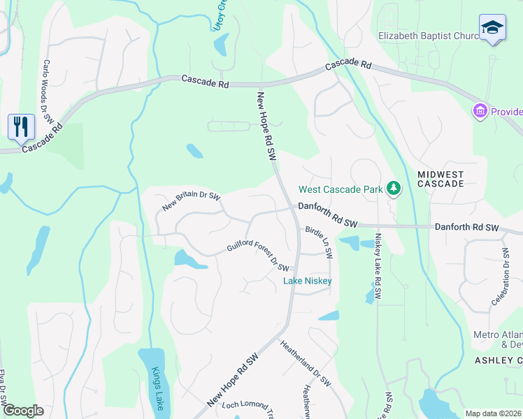 map of restaurants, bars, coffee shops, grocery stores, and more near 971 Willowood Lane Southwest in Atlanta