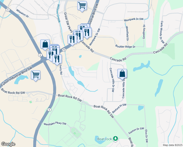map of restaurants, bars, coffee shops, grocery stores, and more near 5449 Cascade Run in Atlanta