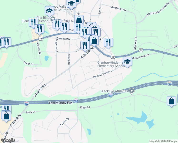 map of restaurants, bars, coffee shops, grocery stores, and more near Unnamed Road in Villa Rica